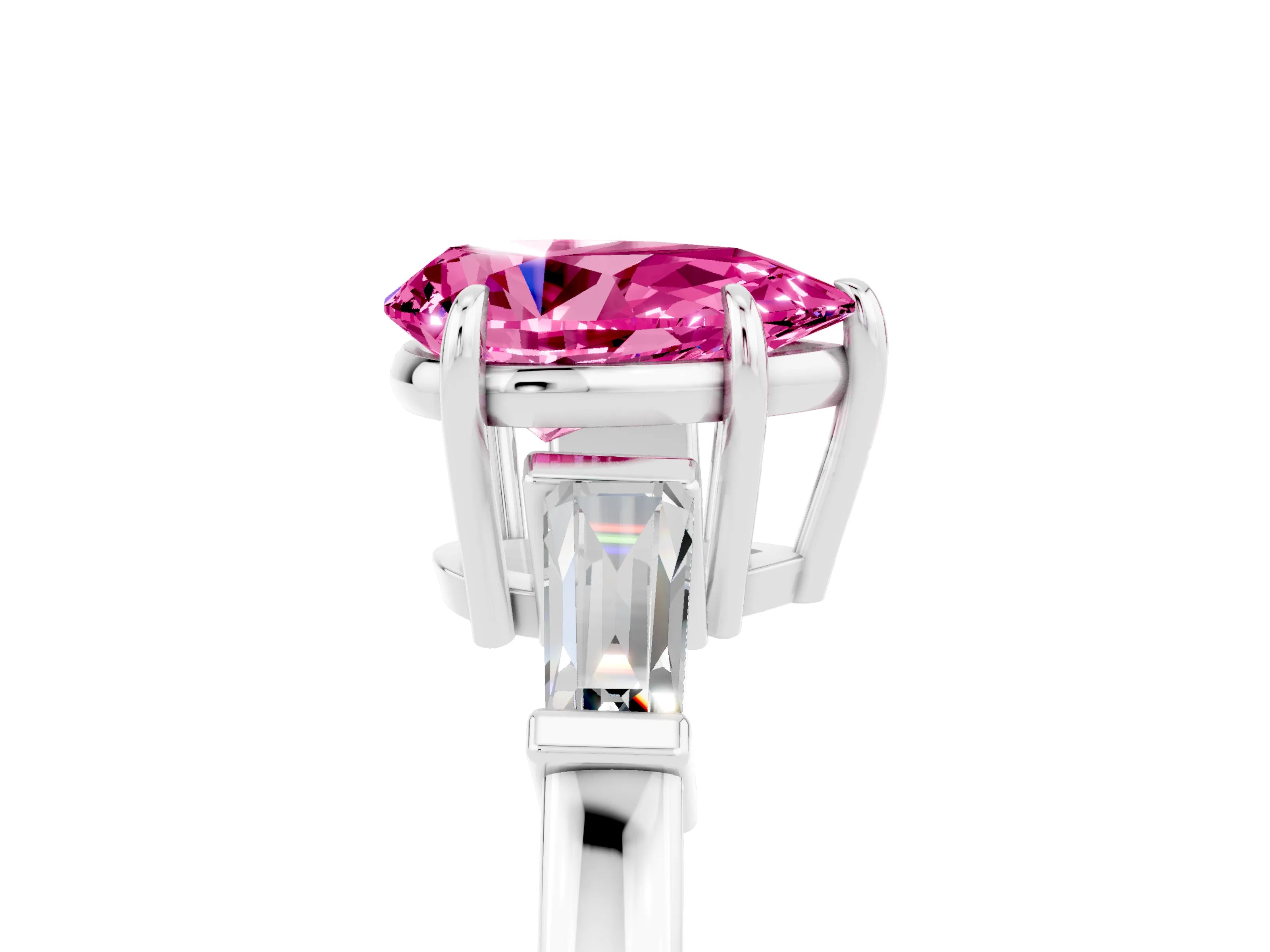 White gold Pear Cut Cut Diamond Ring with Tapered Baguette Side Stones in Four-Prong Setting_5