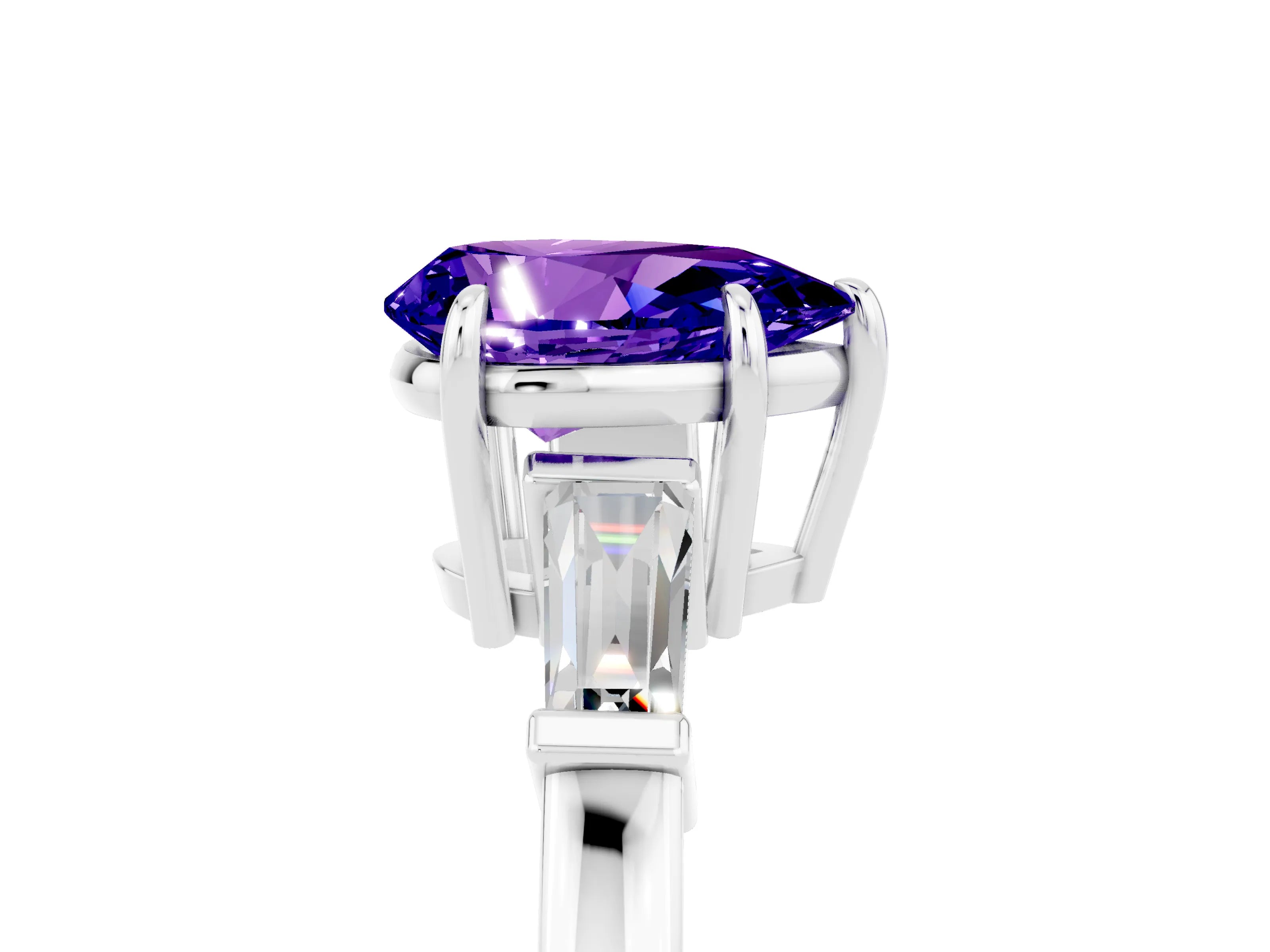White gold Pear Cut Cut Diamond Ring with Tapered Baguette Side Stones in Four-Prong Setting_5