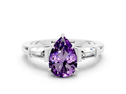 White gold Pear Cut Cut Diamond Ring with Tapered Baguette Side Stones in Four-Prong Setting