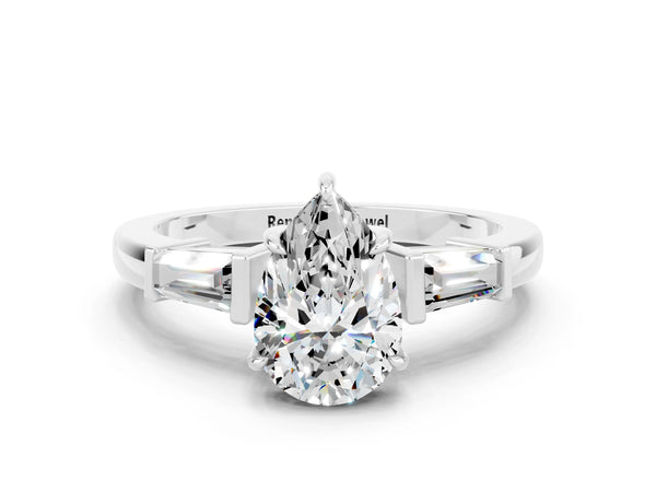 White gold Pear Cut Moissanite Three-Stone Ring with Tapered Baguette Side Stones and Prong Setting