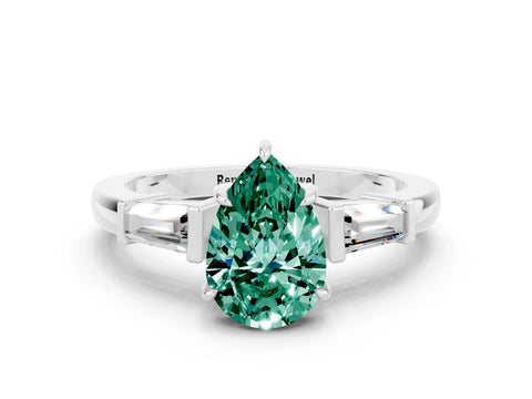 White gold Pear Cut Cut Diamond Ring with Tapered Baguette Side Stones in Four-Prong Setting