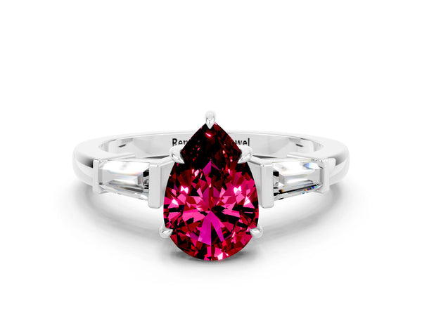 Platinum Pear Cut Garnet Three-Stone Ring with Tapered Baguette Side Stones and Prong Setting