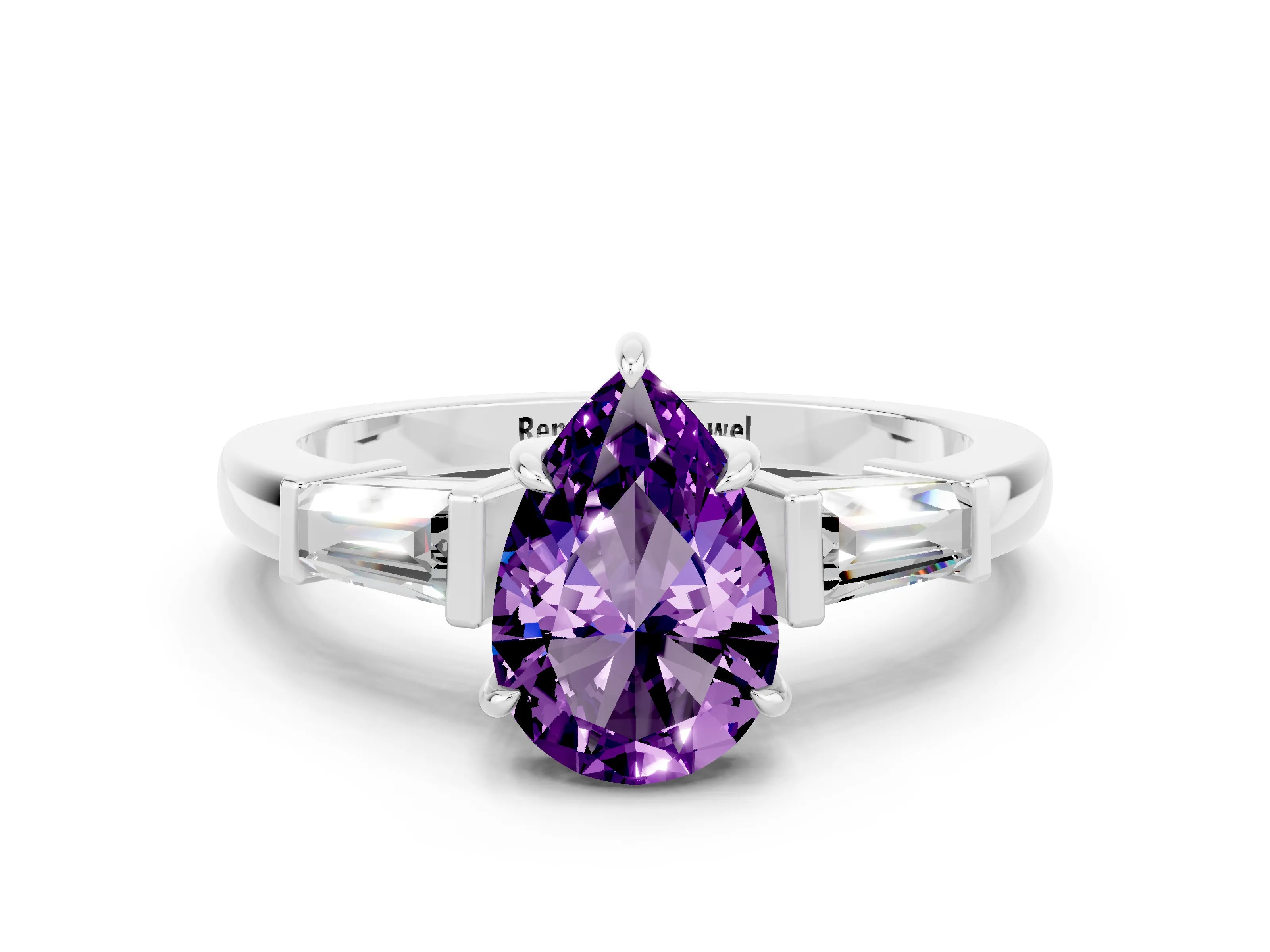 White gold Pear Cut Cut Diamond Ring with Tapered Baguette Side Stones in Four-Prong Setting