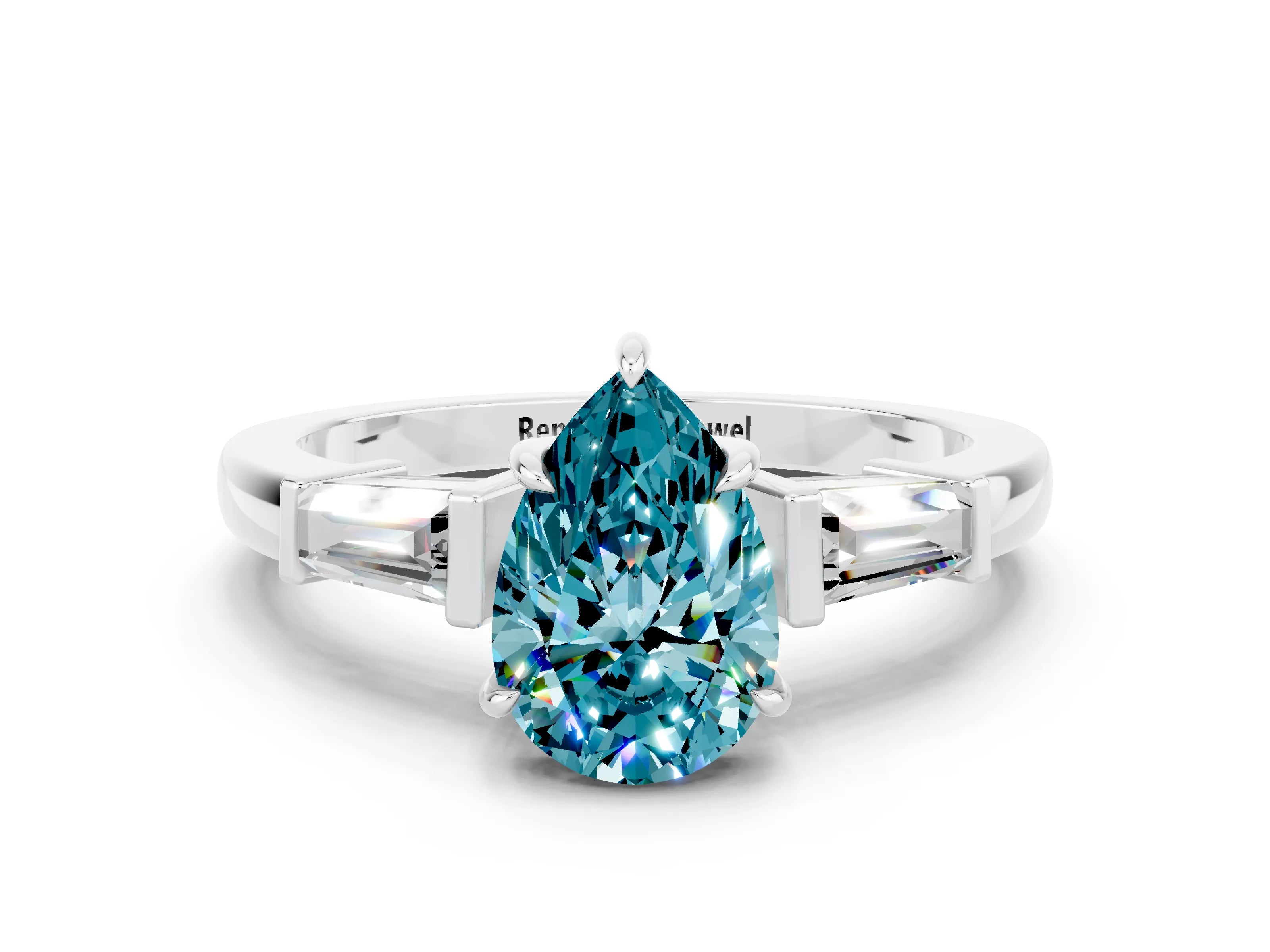 White gold Pear Cut Cut Diamond Ring with Tapered Baguette Side Stones in Four-Prong Setting