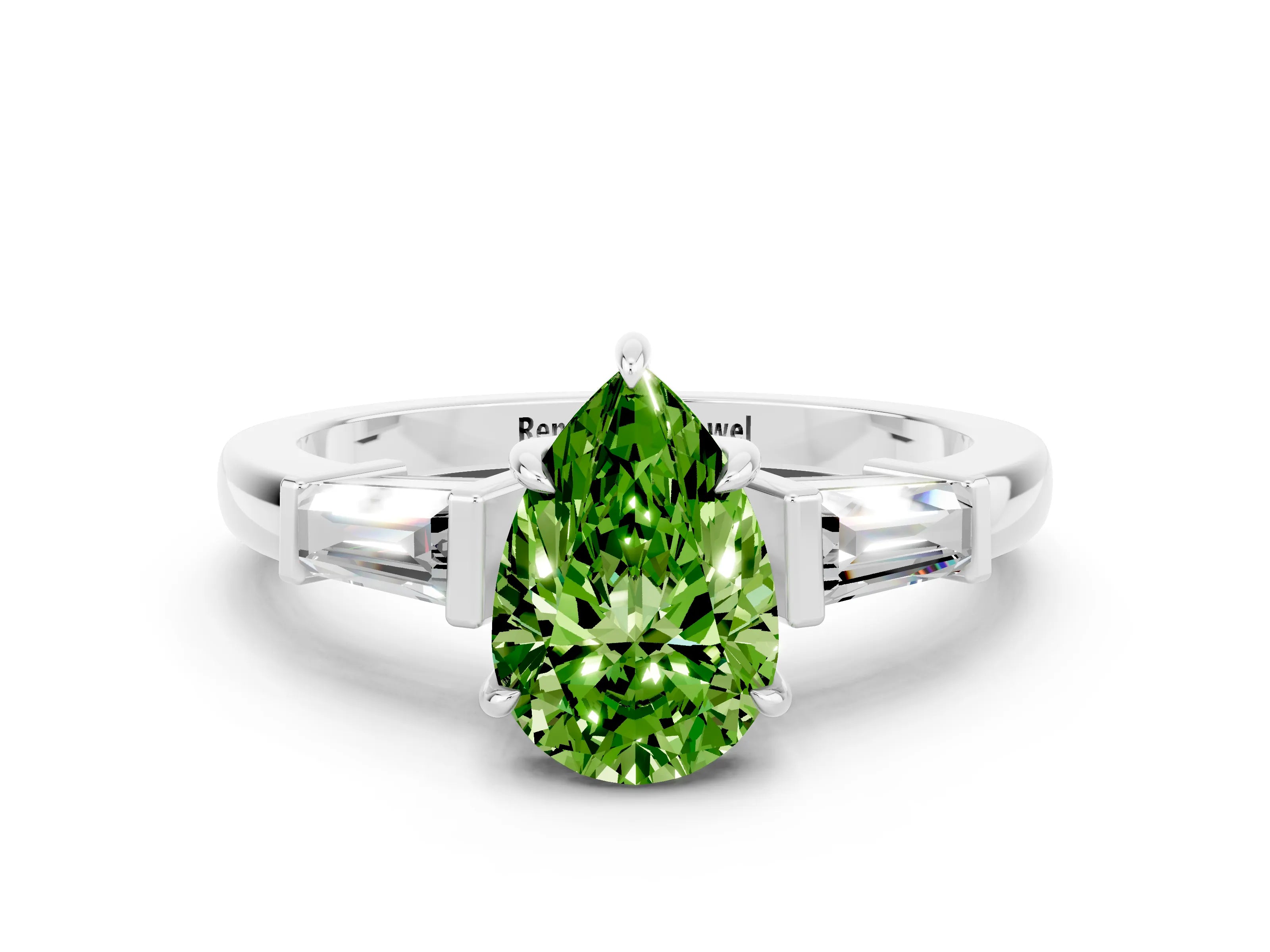 White gold Pear Cut Cut Diamond Ring with Tapered Baguette Side Stones in Four-Prong Setting