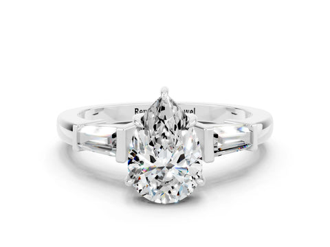 White gold Pear Cut Cut Diamond Ring with Tapered Baguette Side Stones in Four-Prong Setting