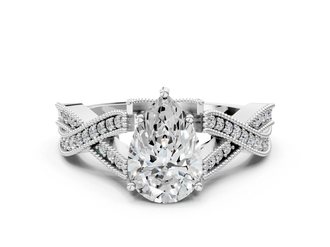 White gold Pear Cut Cut Diamond Twisted Band with Milgrain Pave Setting and Four-Prong Setting_18
