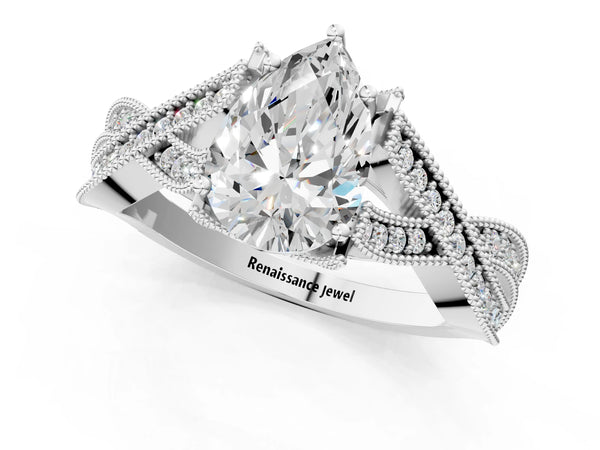 White Gold Pear-Shaped Graduated Pave Twist Engagement Ring Setting