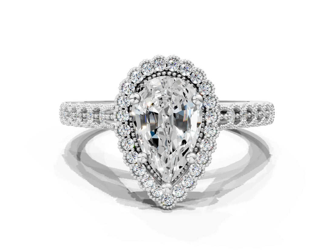 White gold Pear Cut Cut Halo Pavé Solitaire Ring with Milgrain Band_7