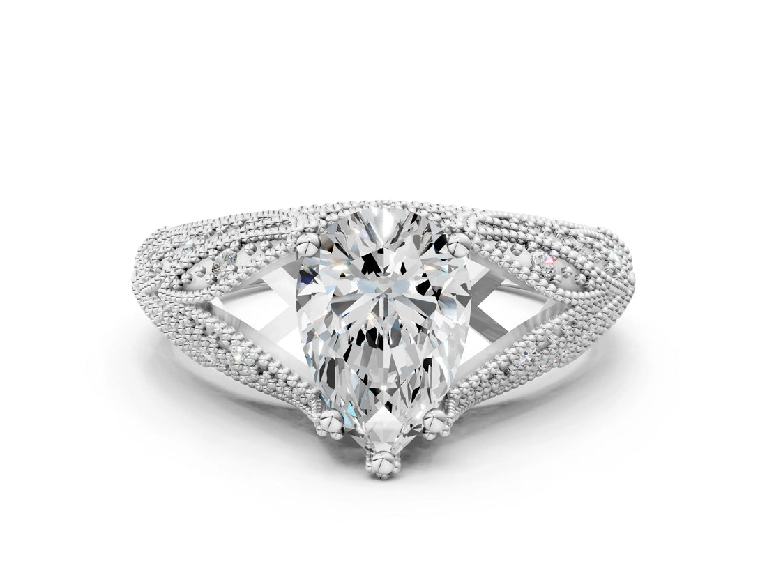 White gold Pear Cut Cut Milgrain Pave Diamond Engagement Ring with Four-Prong Setting_3