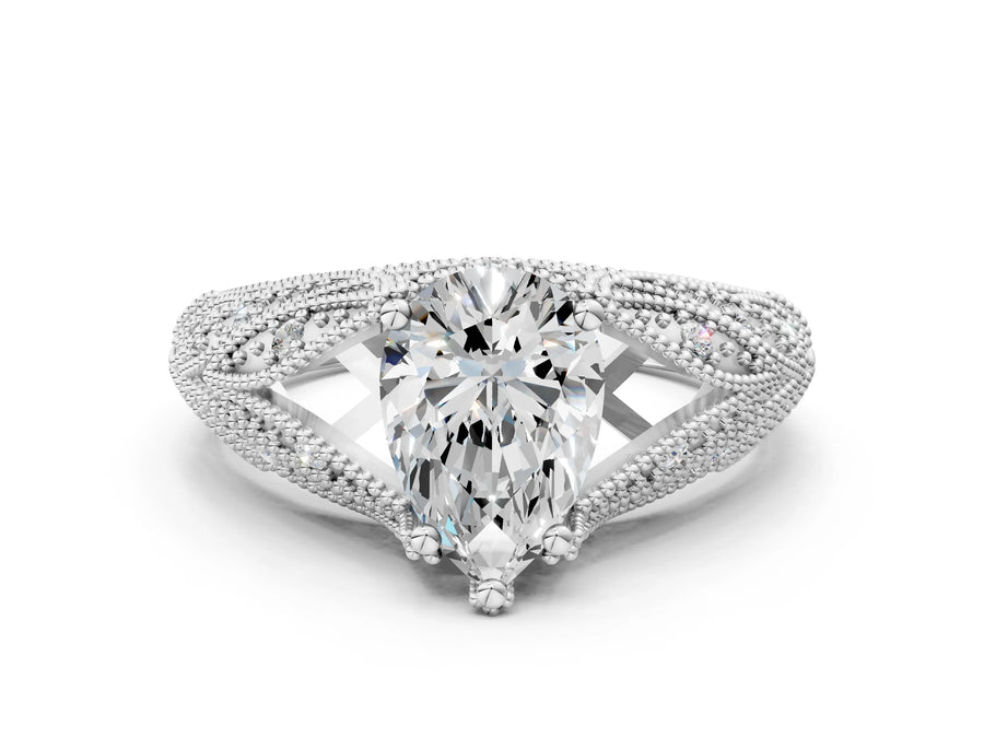 White gold Pear Cut Cut Milgrain Pave Diamond Engagement Ring with Four-Prong Setting