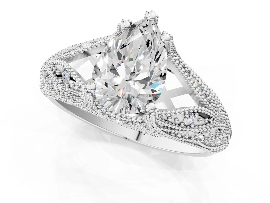 White gold Pear Cut Cut Milgrain Pave Diamond Engagement Ring with Four-Prong Setting