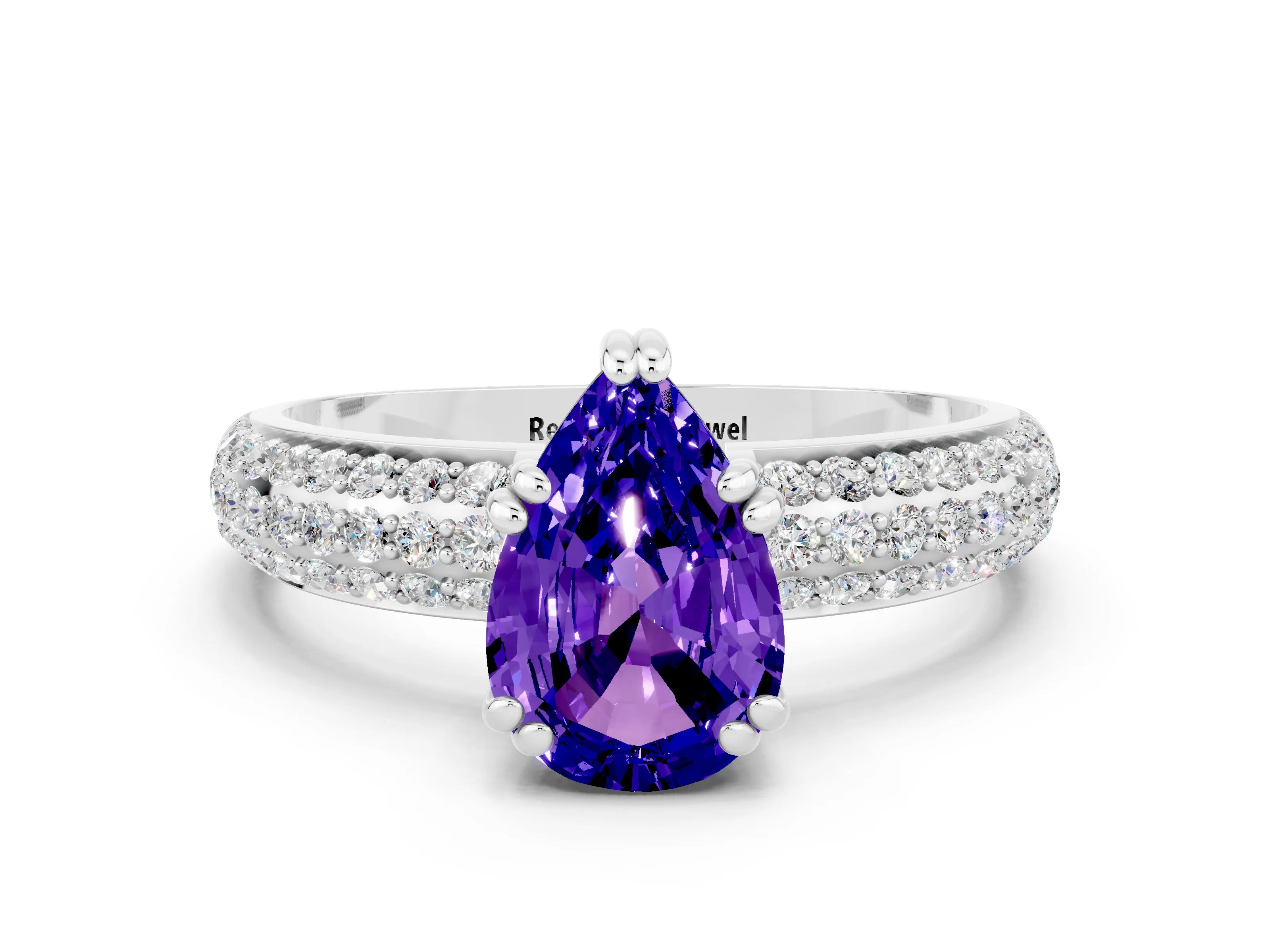 White gold Pear Cut Cut Pave Diamond Engagement Ring with Channel Set Band and Four-Prong Setting