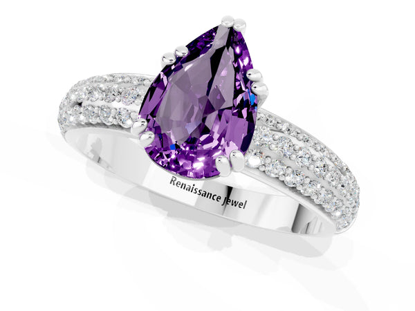 Silver Pear Cut Amethyst Solitaire Ring with Multi-Row Round Pavé Band and Prong Setting