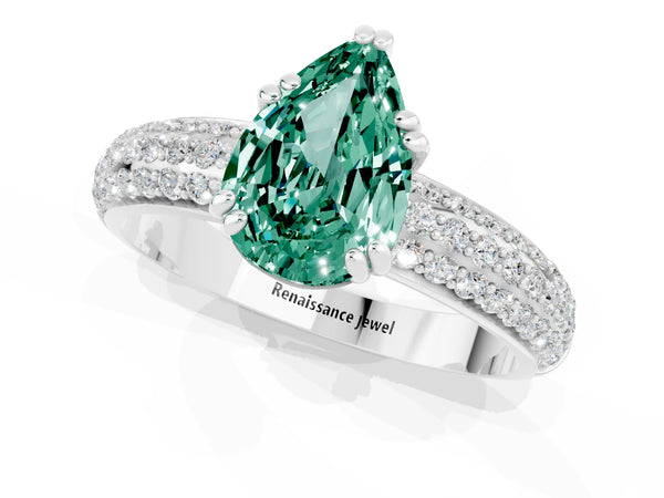 White gold Pear Cut Green Sapphire Solitaire Ring with Multi-Row Round Pavé Band and Prong Setting