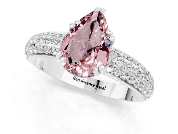 White gold Pear Cut Cut Pave Diamond Engagement Ring with Channel Set Band and Four-Prong Setting