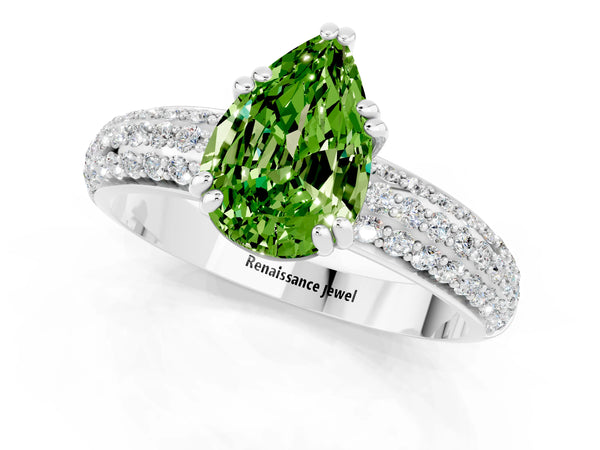 Silver Pear Cut Cut Pave Diamond Engagement Ring with Channel Set Band and Four-Prong Setting