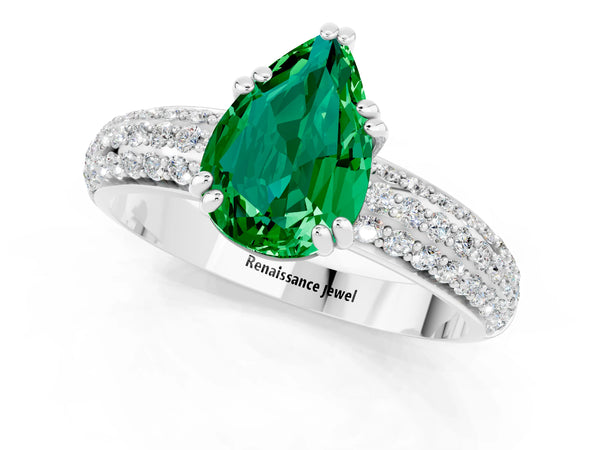 Silver Pear Cut Emerald Solitaire Ring with Multi-Row Round Pavé Band and Prong Setting