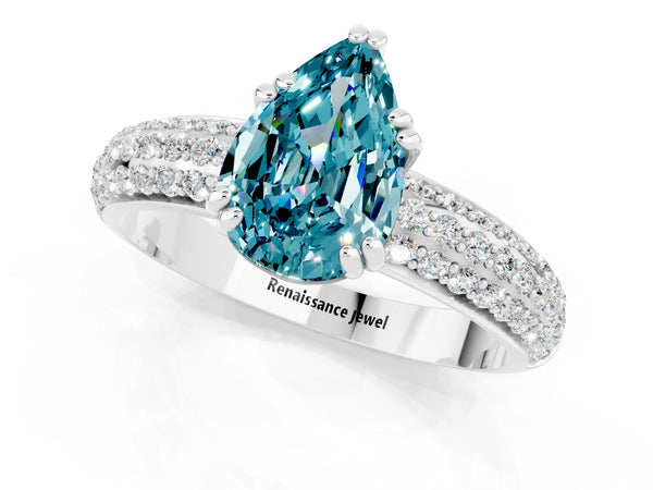 Silver Pear Cut Cut Pave Diamond Engagement Ring with Channel Set Band and Four-Prong Setting