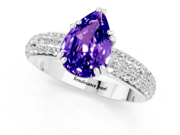 White gold Pear Cut Tanzanite Solitaire Ring with Multi-Row Round Pavé Band and Prong Setting
