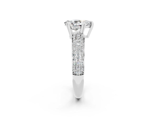 Platinum Pear Cut Moissanite Solitaire Ring with Multi-Row Round Pavé Band and Prong Setting
