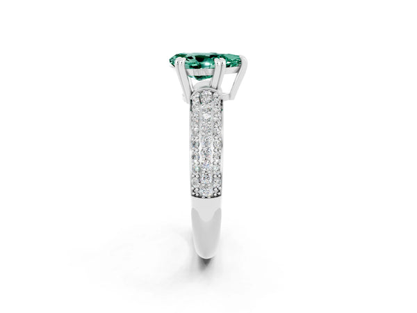 Platinum Pear Cut Green Sapphire Solitaire Ring with Multi-Row Round Pavé Band and Prong Setting