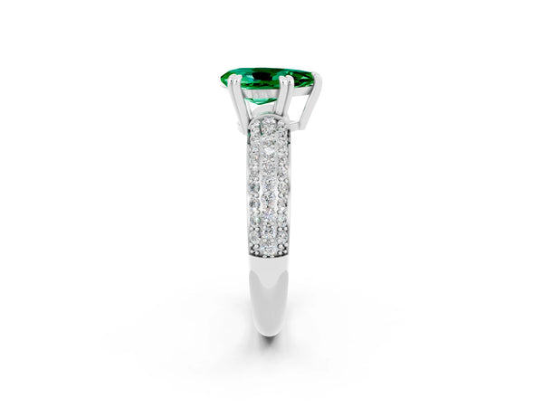White gold Pear Cut Emerald Solitaire Ring with Multi-Row Round Pavé Band and Prong Setting