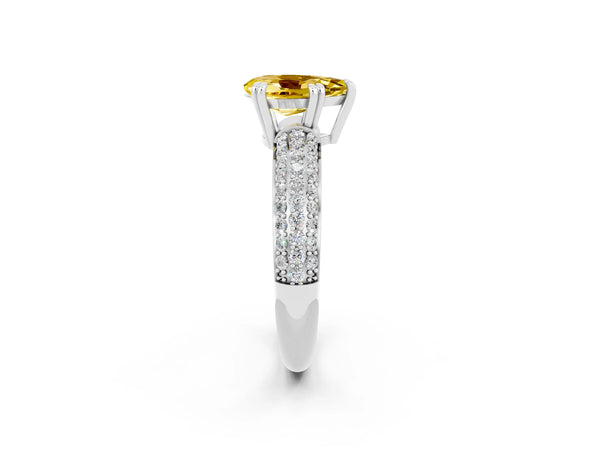 Silver Pear Cut Yellow Sapphire Solitaire Ring with Multi-Row Round Pavé Band and Prong Setting