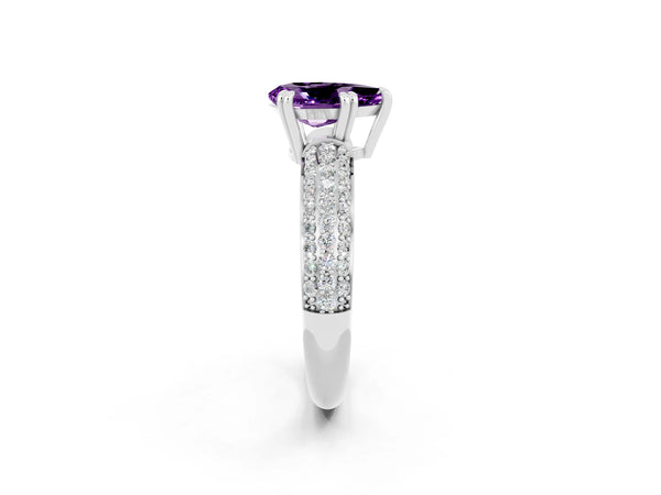 Platinum Pear Cut Amethyst Solitaire Ring with Multi-Row Round Pavé Band and Prong Setting