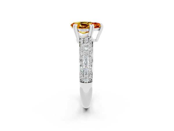 White gold Pear Cut Citrine Solitaire Ring with Multi-Row Round Pavé Band and Prong Setting