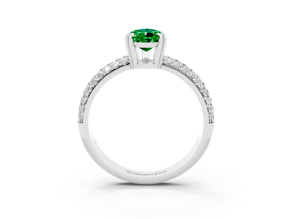 White gold Pear Cut Emerald Solitaire Ring with Multi-Row Round Pavé Band and Prong Setting