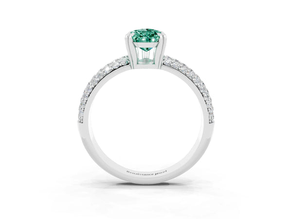 White gold Pear Cut Green Sapphire Solitaire Ring with Multi-Row Round Pavé Band and Prong Setting