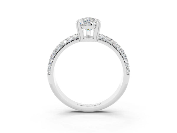 Platinum Pear Cut Moissanite Solitaire Ring with Multi-Row Round Pavé Band and Prong Setting