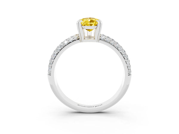 Silver Pear Cut Yellow Sapphire Solitaire Ring with Multi-Row Round Pavé Band and Prong Setting