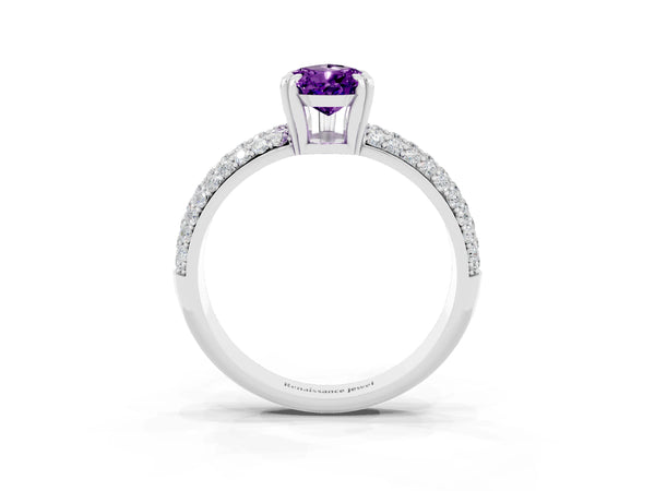 Silver Pear Cut Amethyst Solitaire Ring with Multi-Row Round Pavé Band and Prong Setting
