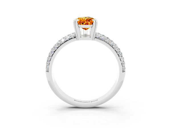 Platinum Pear Cut Citrine Solitaire Ring with Multi-Row Round Pavé Band and Prong Setting