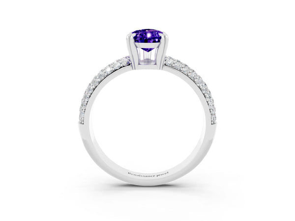 Silver Pear Cut Tanzanite Solitaire Ring with Multi-Row Round Pavé Band and Prong Setting