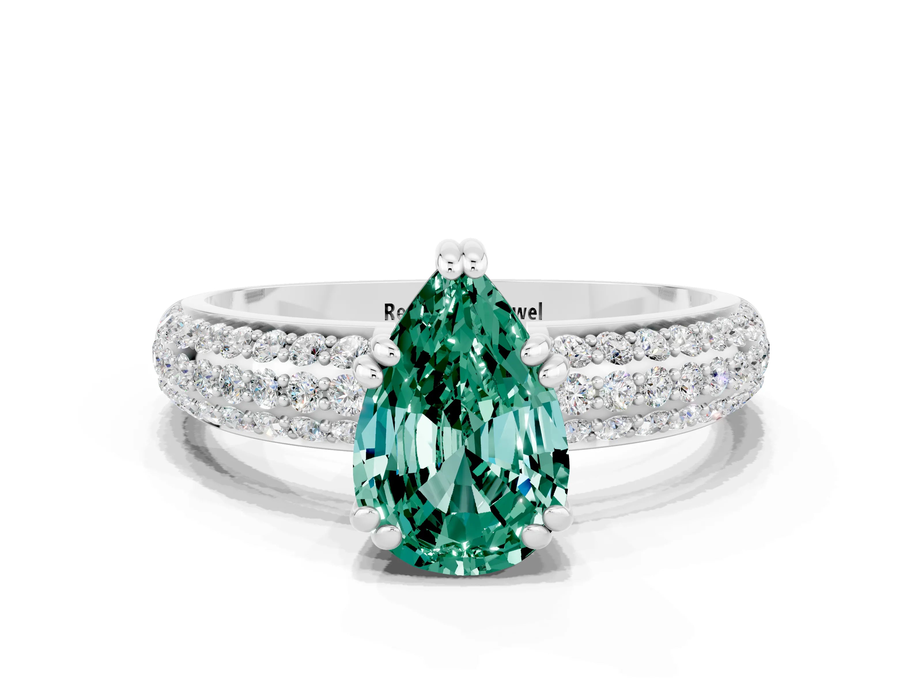 White gold Pear Cut Cut Pave Diamond Engagement Ring with Channel Set Band and Four-Prong Setting
