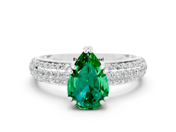 White gold Pear Cut Emerald Solitaire Ring with Multi-Row Round Pavé Band and Prong Setting