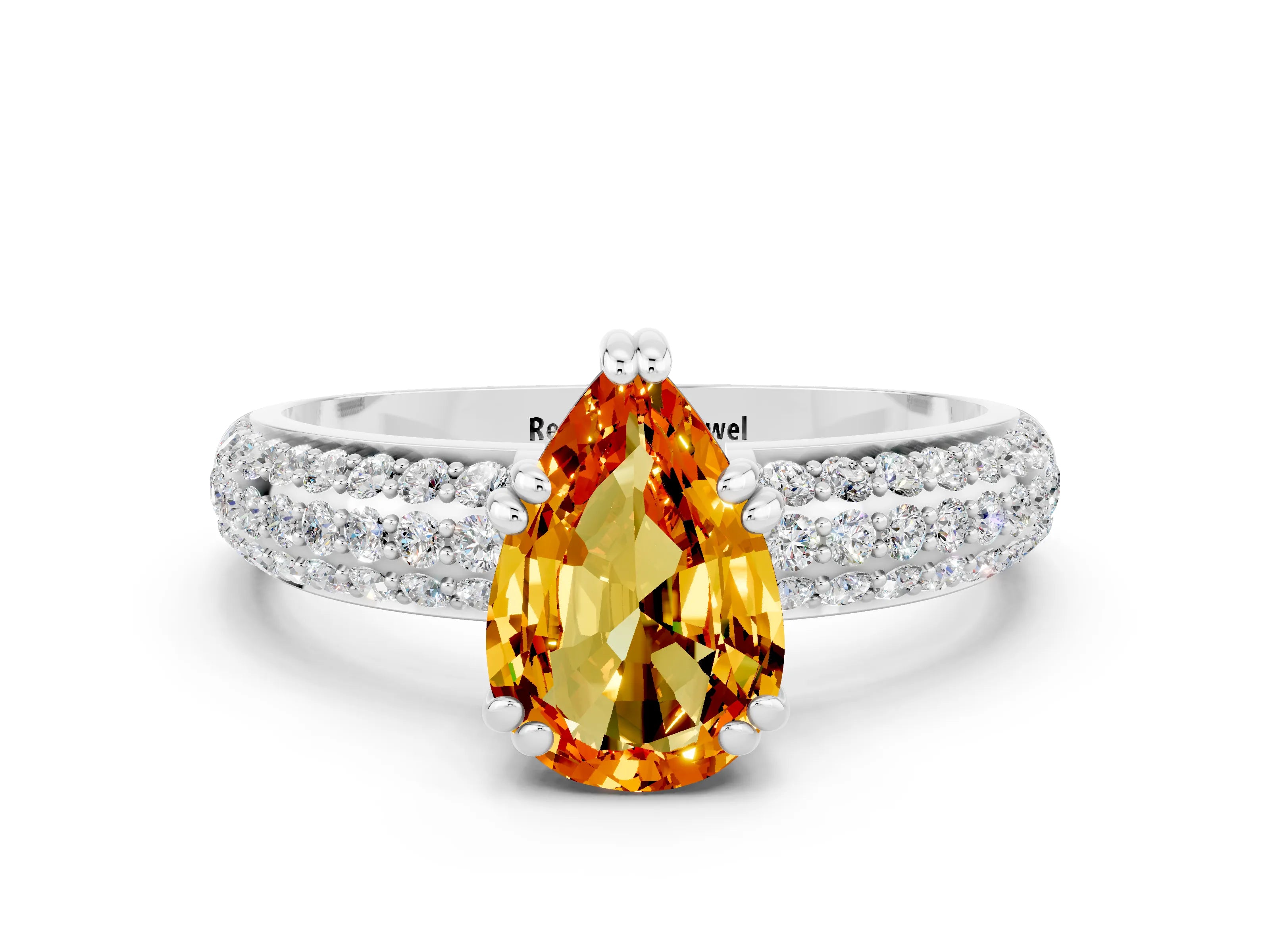 White gold Pear Cut Cut Pave Diamond Engagement Ring with Channel Set Band and Four-Prong Setting