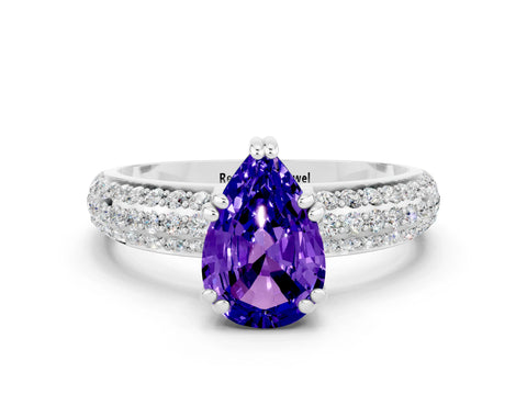 White gold Pear Cut Cut Pave Diamond Engagement Ring with Channel Set Band and Four-Prong Setting