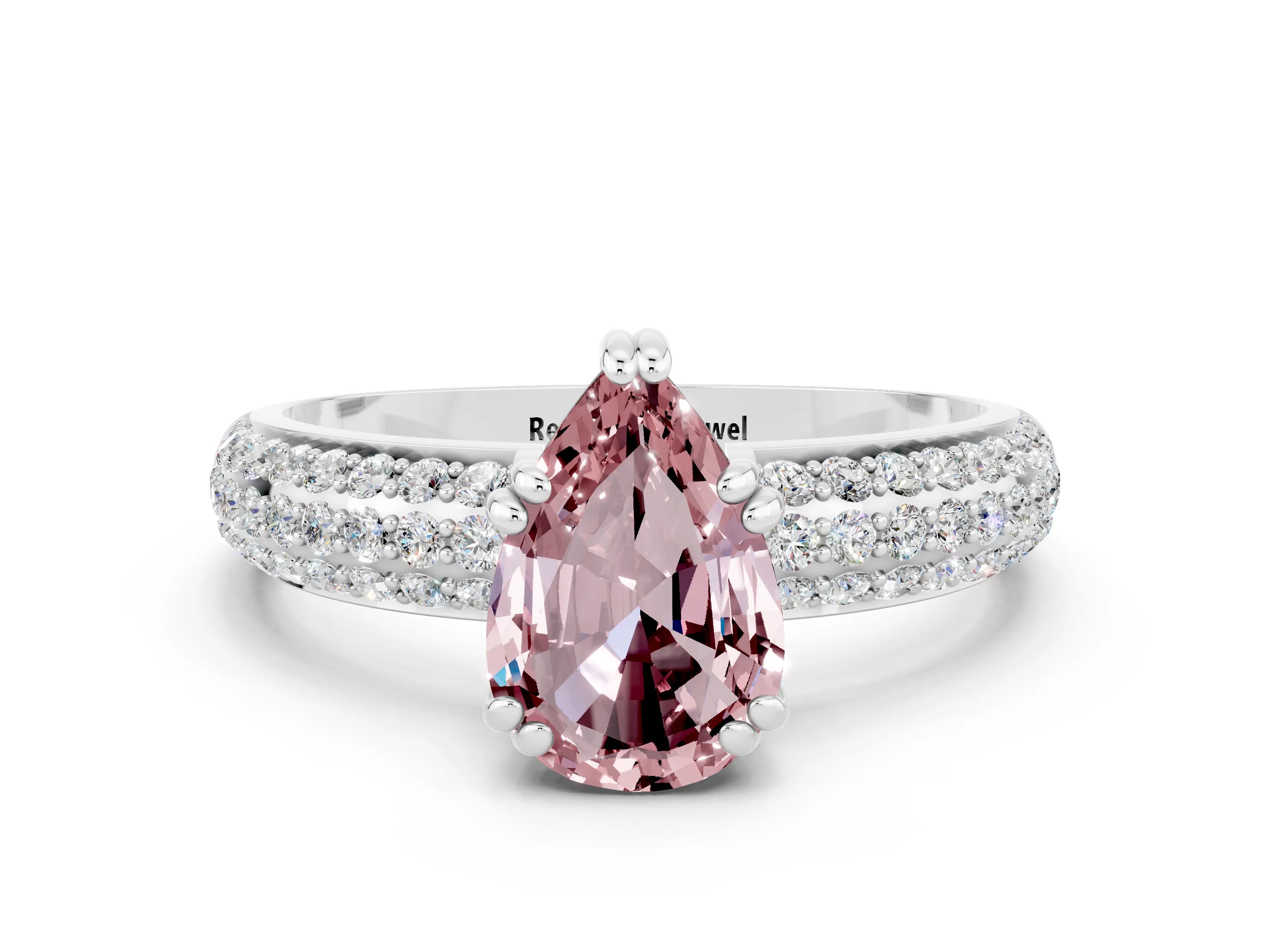 White gold Pear Cut Cut Pave Diamond Engagement Ring with Channel Set Band and Four-Prong Setting