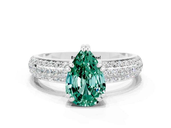 White gold Pear Cut Green Sapphire Solitaire Ring with Multi-Row Round Pavé Band and Prong Setting