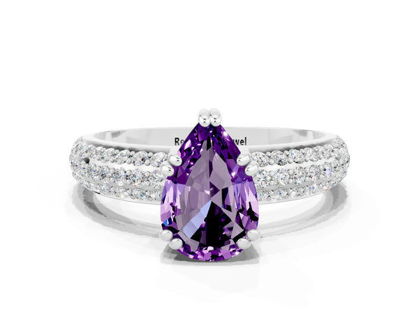 Silver Pear Cut Amethyst Solitaire Ring with Multi-Row Round Pavé Band and Prong Setting