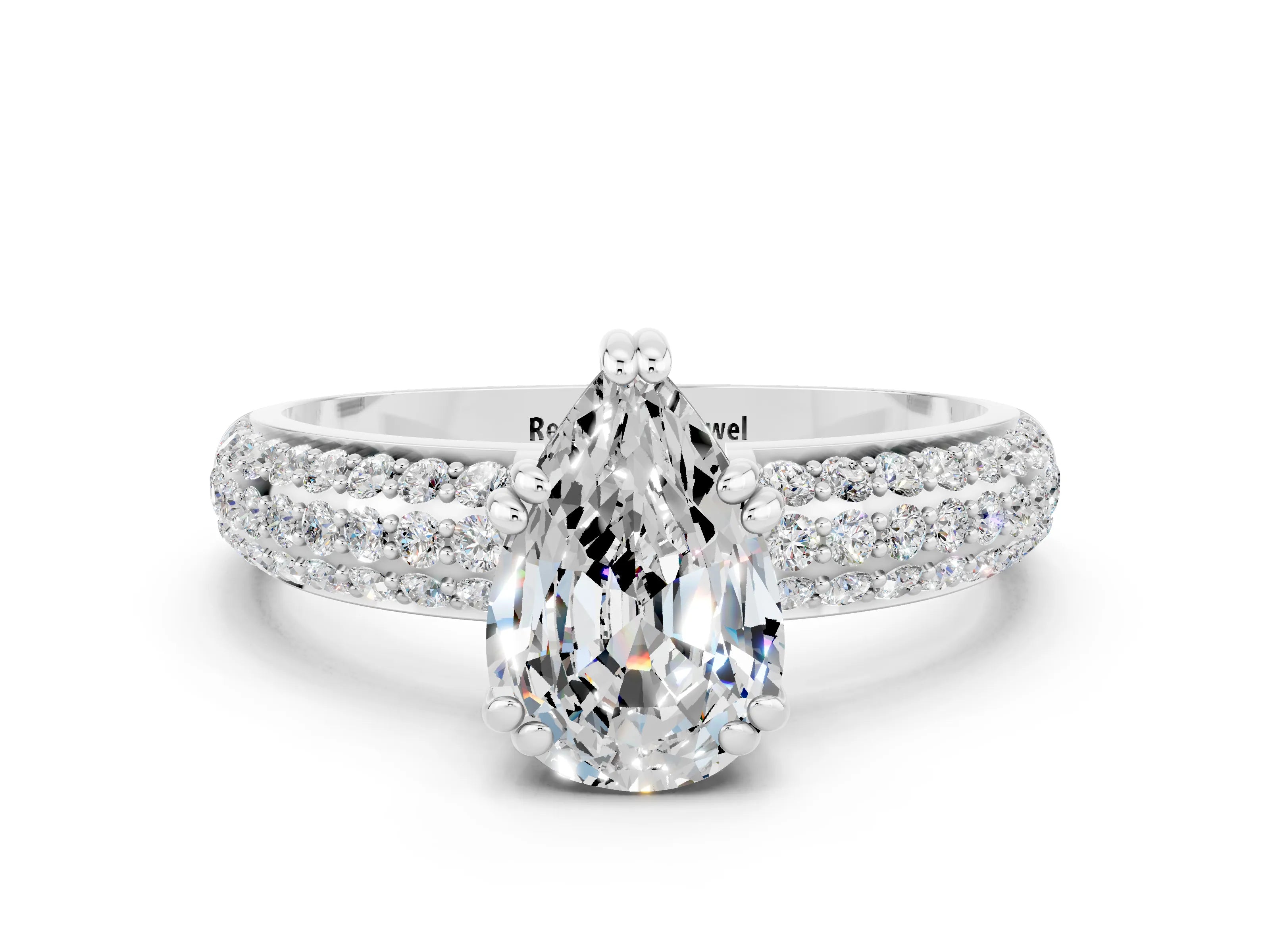 White gold Pear Cut Cut Pave Diamond Engagement Ring with Channel Set Band and Four-Prong Setting