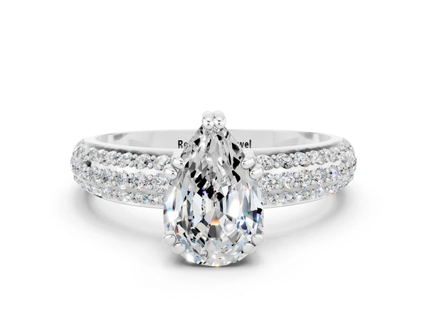 White gold Pear Cut Moissanite Solitaire Ring with Multi-Row Round Pavé Band and Prong Setting
