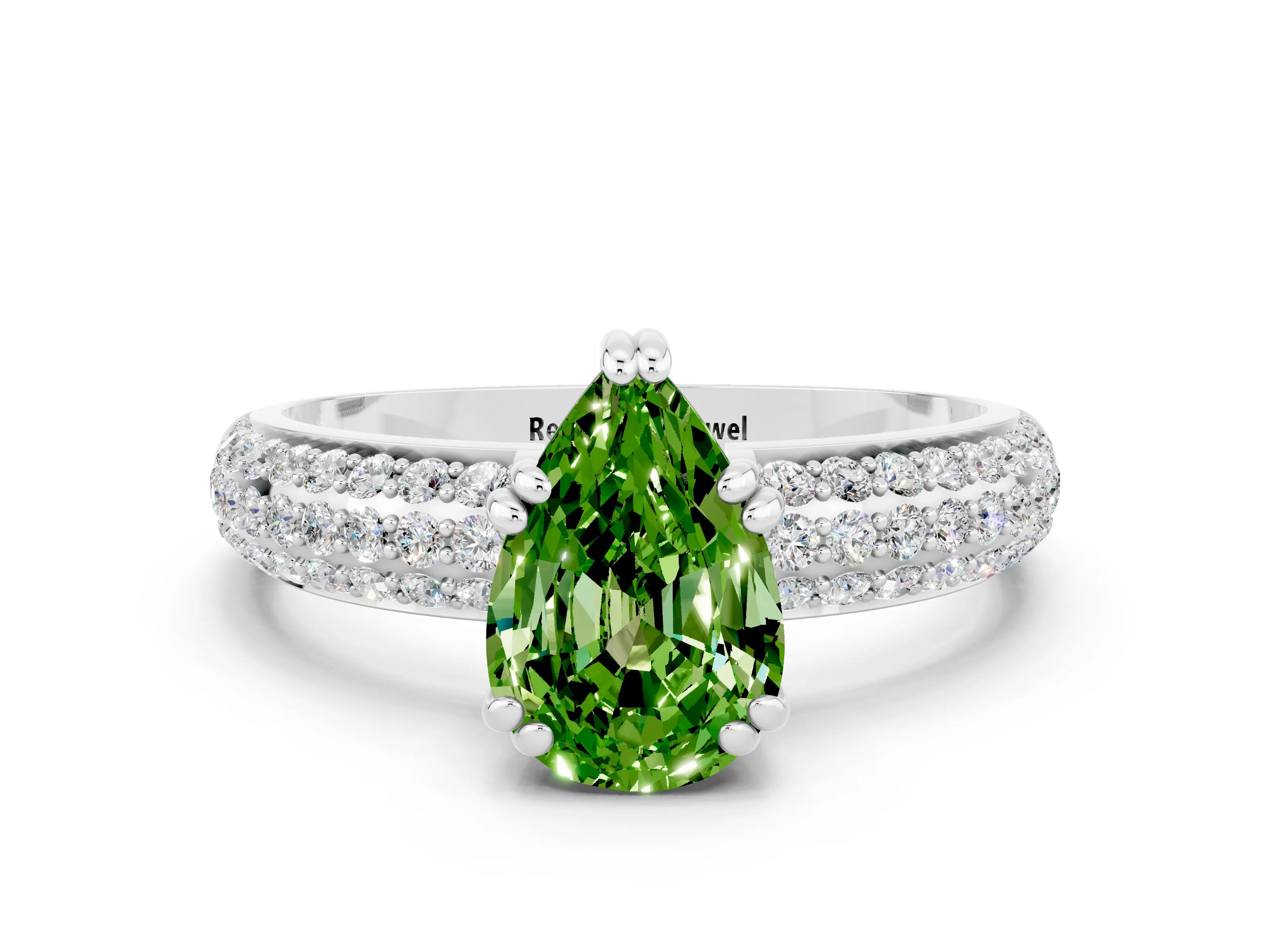 White gold Pear Cut Cut Pave Diamond Engagement Ring with Channel Set Band and Four-Prong Setting