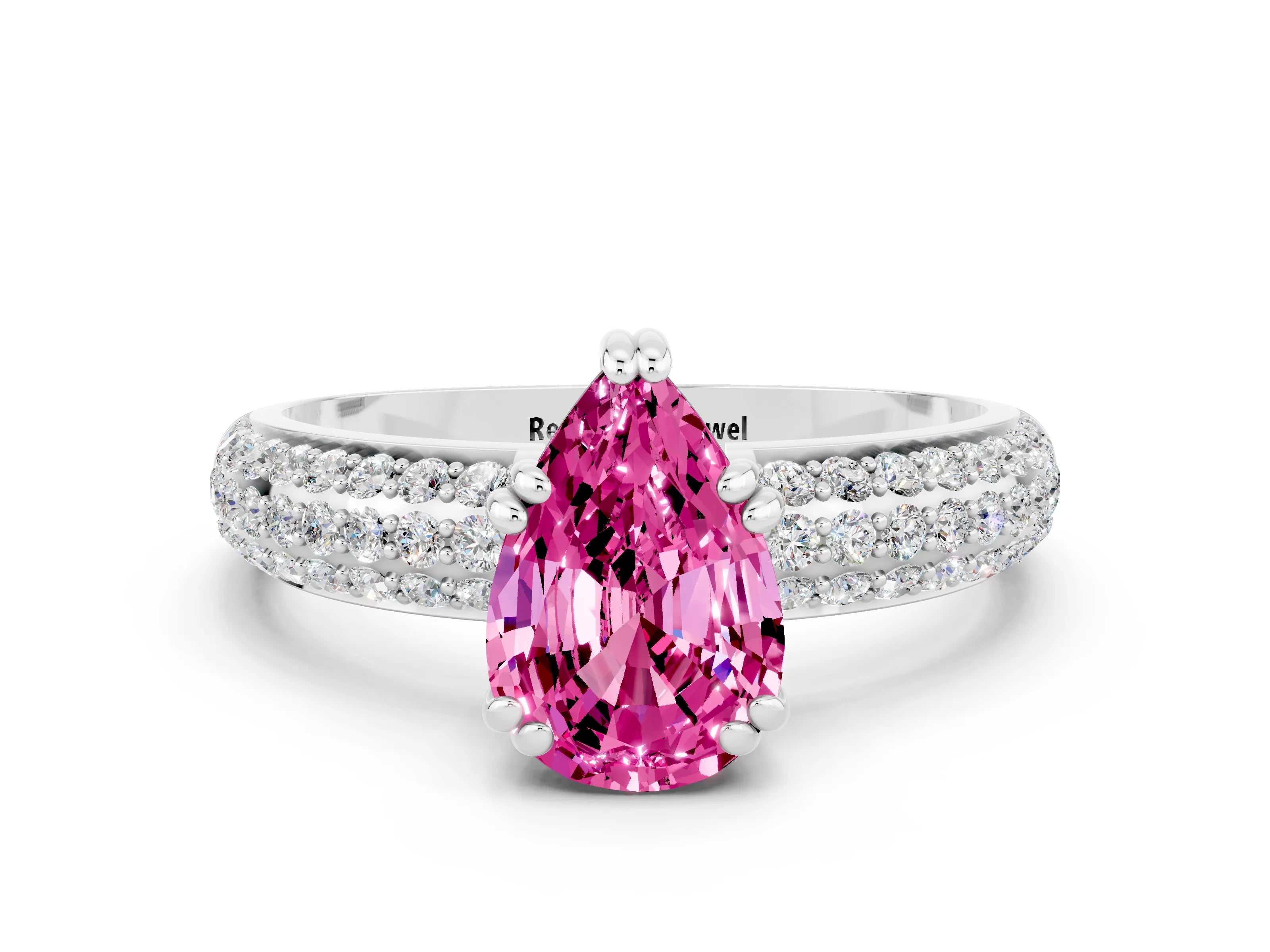 White gold Pear Cut Cut Pave Diamond Engagement Ring with Channel Set Band and Four-Prong Setting