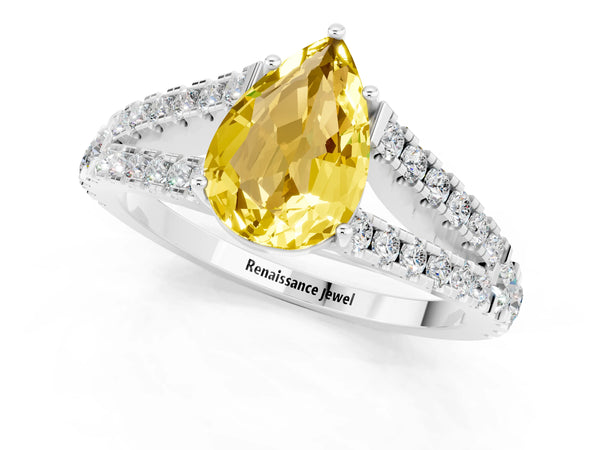 White gold Pear Cut Yellow Sapphire Split Shank Engagement Ring with Round Pavé and Prong Setting