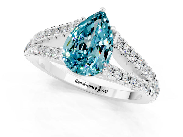 Silver Pear Cut Cut Split Shank Pave Diamond Engagement Ring with Four-Prong Setting